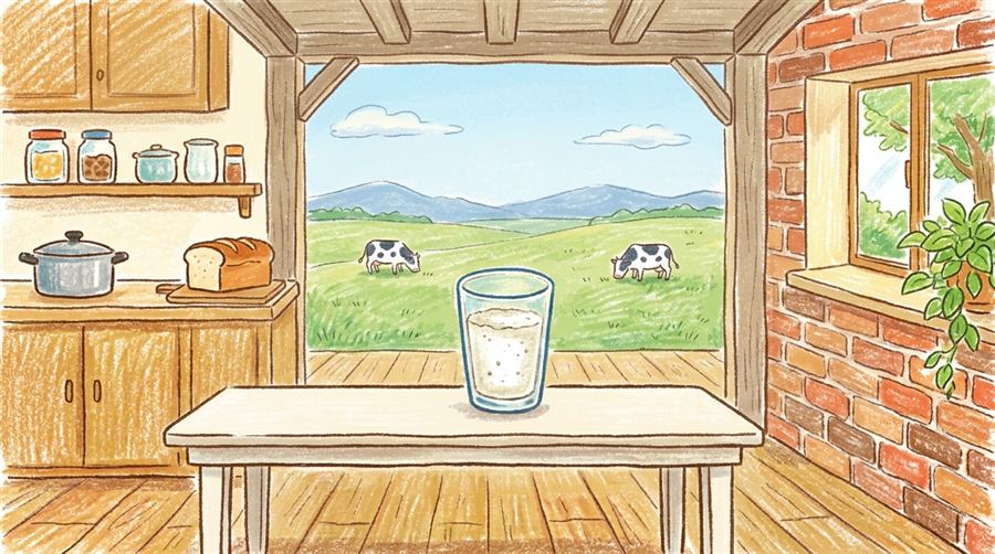 窓の外に牧場と牛が2頭見える台所のテーブルに、牛乳の入ったコップが1つ置かれたイラスト