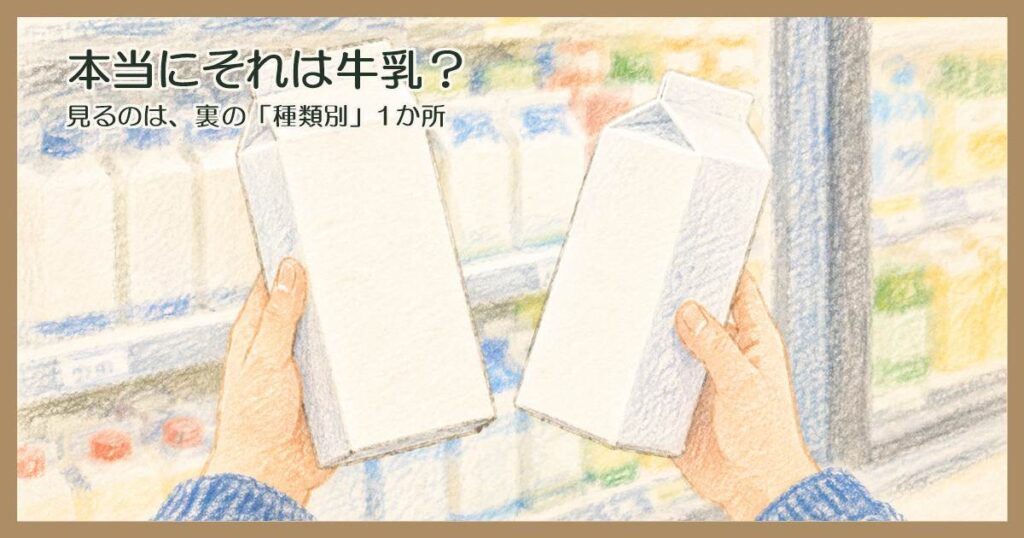 スーパーの冷蔵ケースの前で、白い牛乳パックを2本持って見比べている手元のクレヨン調イラスト