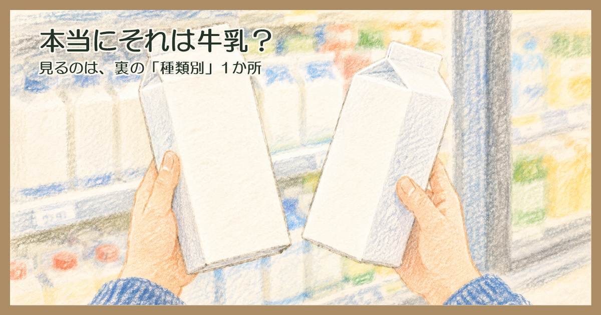 スーパーの冷蔵ケースの前で、白い牛乳パックを2本持って見比べている手元のクレヨン調イラスト