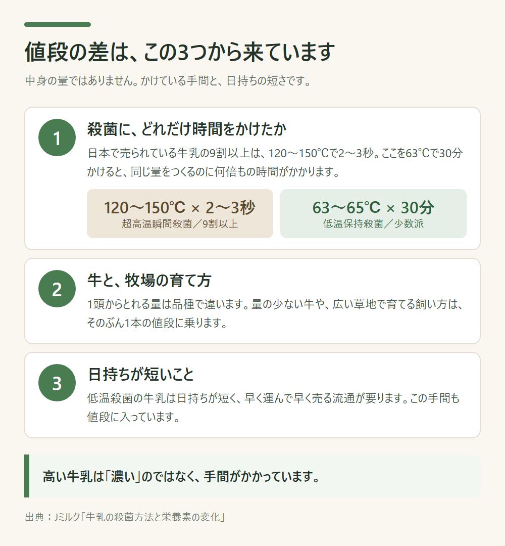 牛乳の値段の差を生む3つの要素。殺菌にかける時間、牛と牧場の育て方、日持ちの短さ