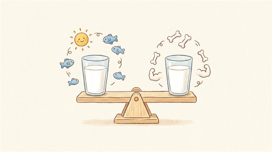 水平につり合った天秤の左右に牛乳のコップが1つずつのったクレヨン調のイラスト。左には太陽と魚、右には骨と筋肉が浮かんでいる