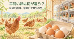 「平飼い卵は何が違う？」「普通の卵は、何飼いで育つのか」の文字と、鶏舎の外を歩く鶏と、パックに入った卵のイラスト