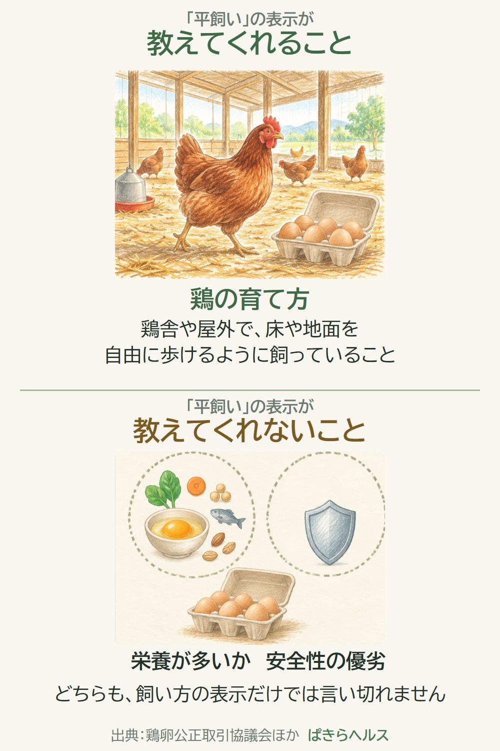 「平飼い」の表示が教えてくれることは鶏の育て方。教えてくれないことは、栄養が多いかと安全性の優劣で、どちらも飼い方の表示だけでは言い切れないと示した図