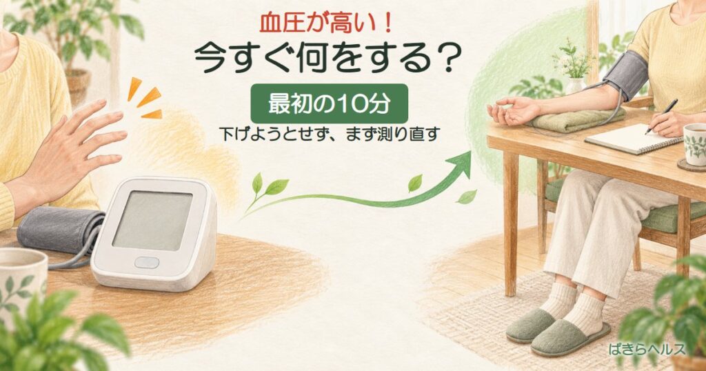 血圧が高いとき、慌てて下げようとせず最初の10分にすることを示したアイキャッチ