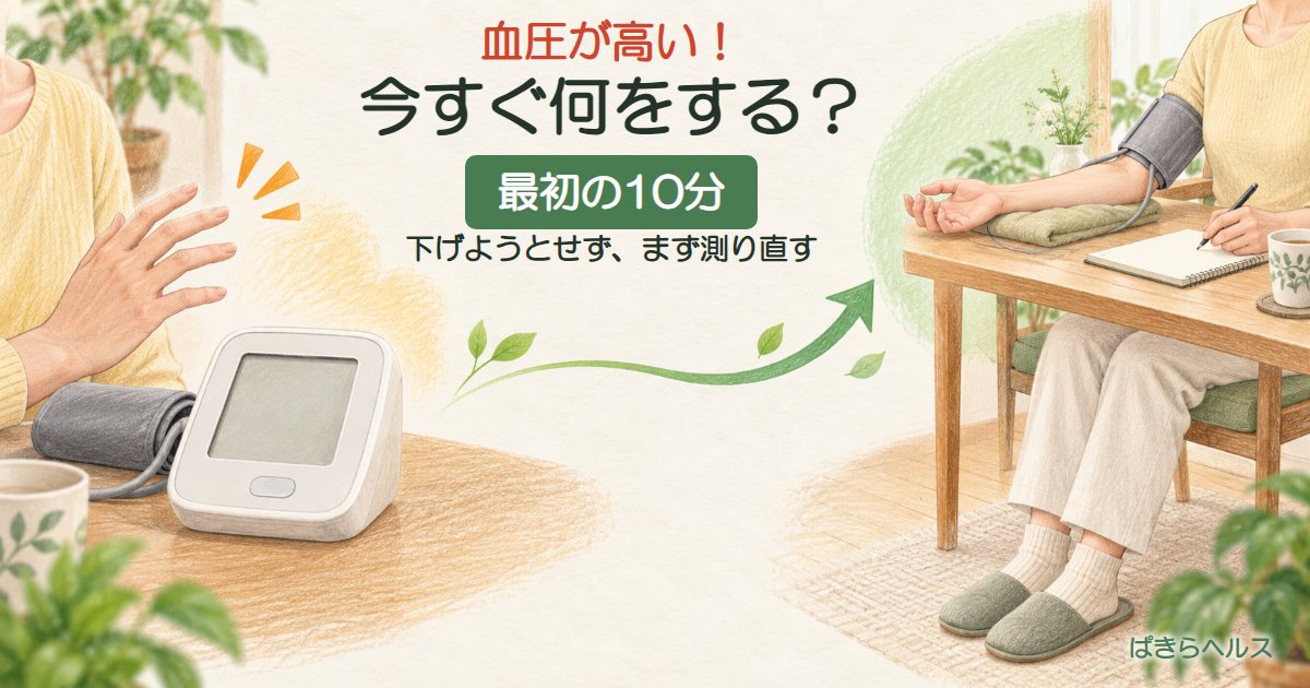 血圧が高いとき、慌てて下げようとせず最初の10分にすることを示したアイキャッチ