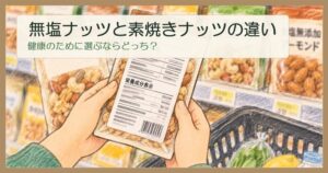 スーパーのナッツ売り場で、ミックスナッツの袋を裏返して原材料名と栄養成分表示を見ている手元。