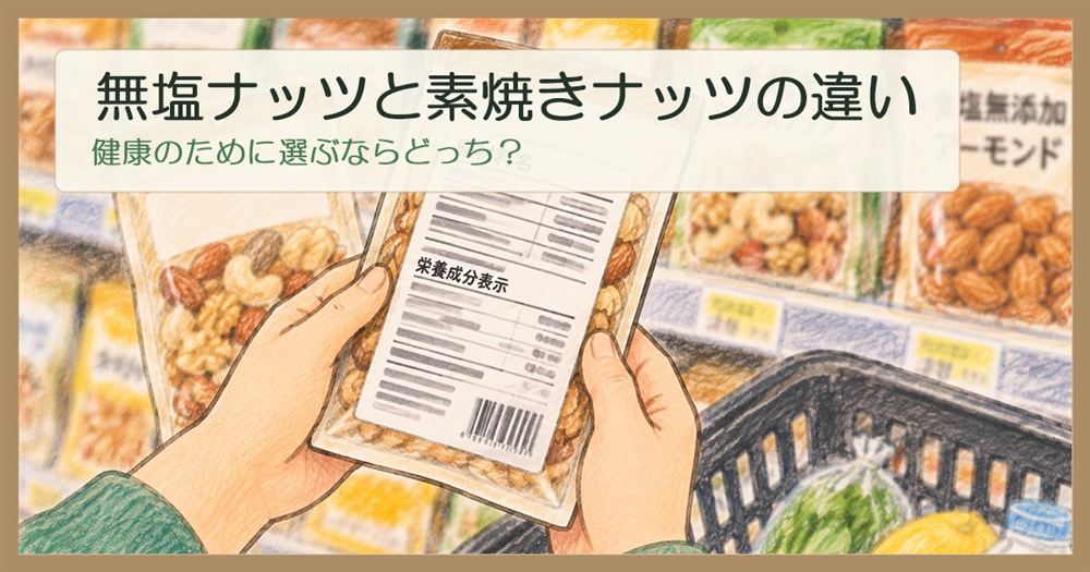 スーパーのナッツ売り場で、ミックスナッツの袋を裏返して原材料名と栄養成分表示を見ている手元。