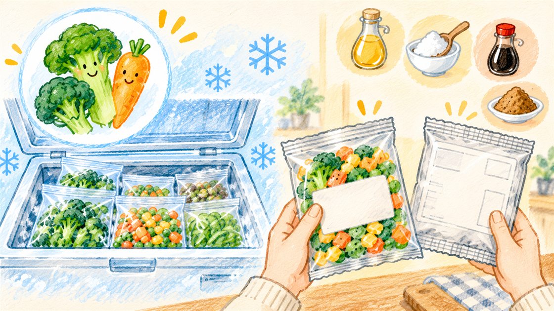 「冷凍だから保存料が必要?」という問いに対し、冷凍そのものが保存方法なので保存料は不要、ただし商品によって食品添加物は使われることがある、と整理した図