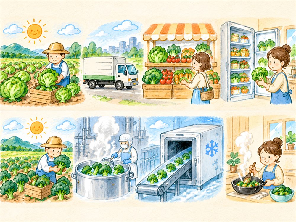 生野菜と冷凍野菜がたどる道のりの比較図。生野菜は収穫→流通→店頭→家庭、冷凍野菜は収穫→ブランチング→急速凍結→家庭