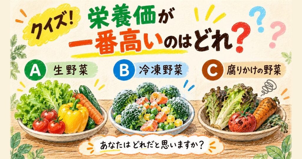 クイズ「栄養価が一番高いのはどれ？」A生野菜 B冷凍野菜 C腐りかけの野菜。3つの野菜のボウルを描いたイラスト