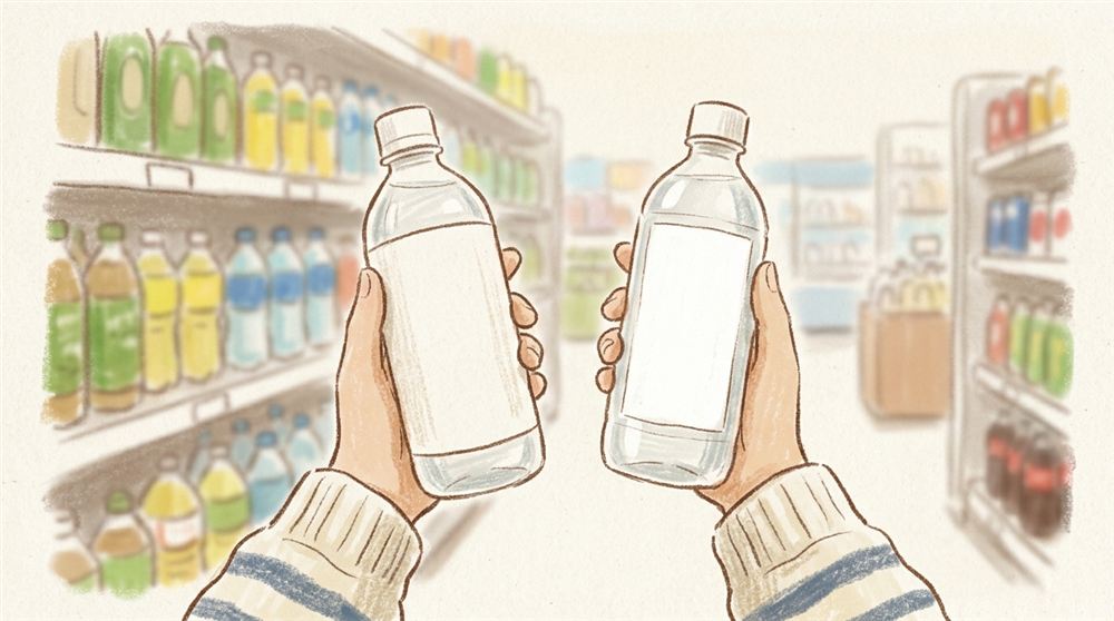 スーパーの飲み物売り場で、両手にペットボトルを1本ずつ持って裏のラベルを見比べている手元のイラスト