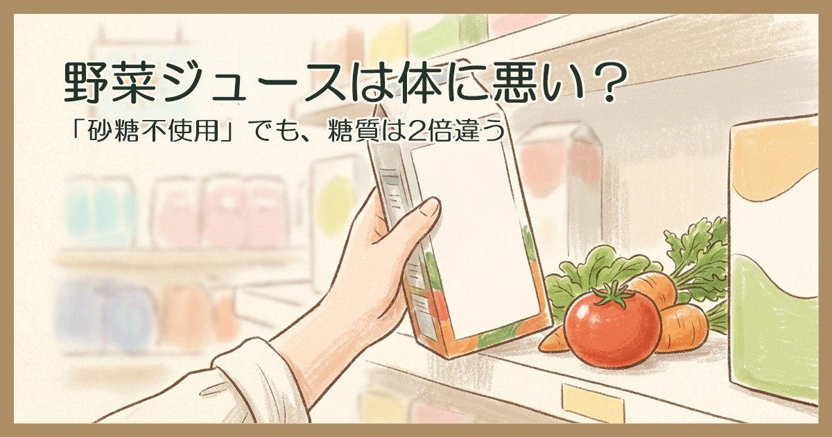 スーパーの棚の前で、野菜ジュースのパックを裏返して見ている手元のイラスト