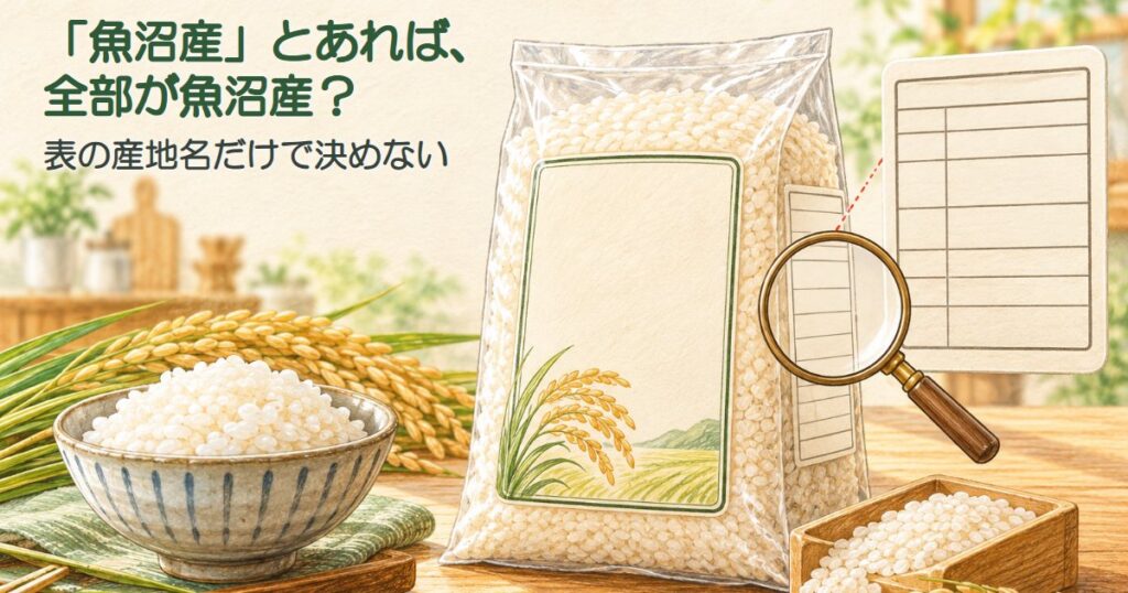 「「魚沼産」とあれば、全部が魚沼産？」「表の産地名だけで決めない」の文字と、ご飯の茶碗、米袋、虫めがねで見る表示ラベル、稲穂のイラスト