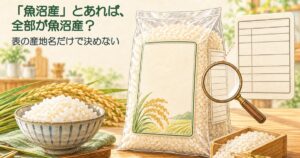 「「魚沼産」とあれば、全部が魚沼産？」「表の産地名だけで決めない」の文字と、ご飯の茶碗、米袋、虫めがねで見る表示ラベル、稲穂のイラスト