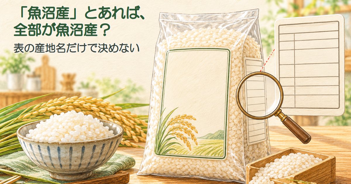 「「魚沼産」とあれば、全部が魚沼産?」「表の産地名だけで決めない」の文字と、ご飯の茶碗、米袋、虫めがねで見る表示ラベル、稲穂のイラスト